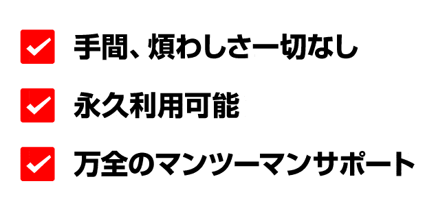 ・手間、煩わしさ一切なし・永久利用可能・万全のマンツーマンサポート